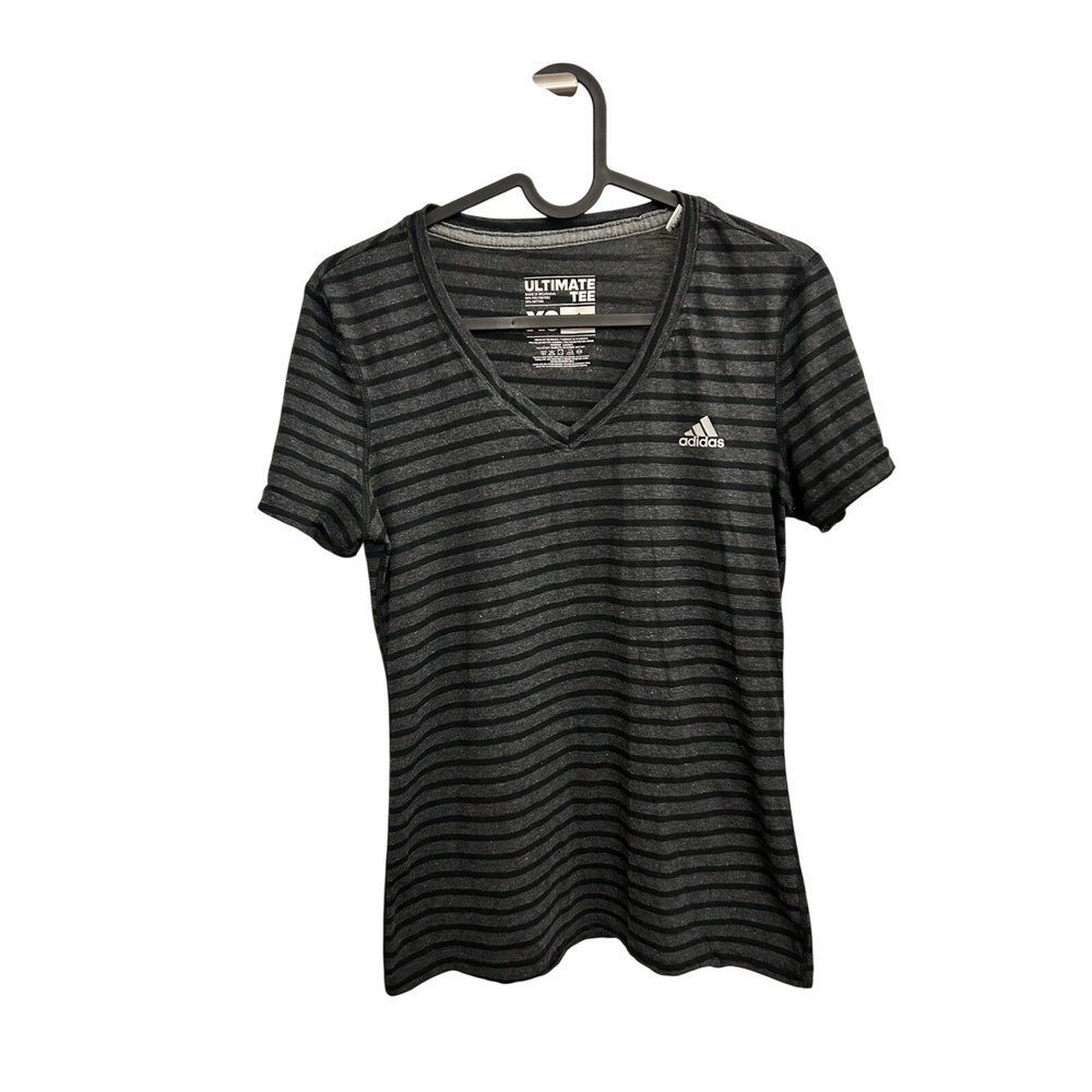Adidas Ultimate Tee Womens XS Grey Black Striped V-Neck Short Sleeve Excellent